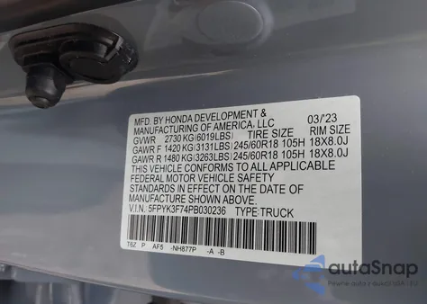 2023 Honda Ridgeline Rtl-E из США, поврежденный, VIN 5FPYK3F74PB030236